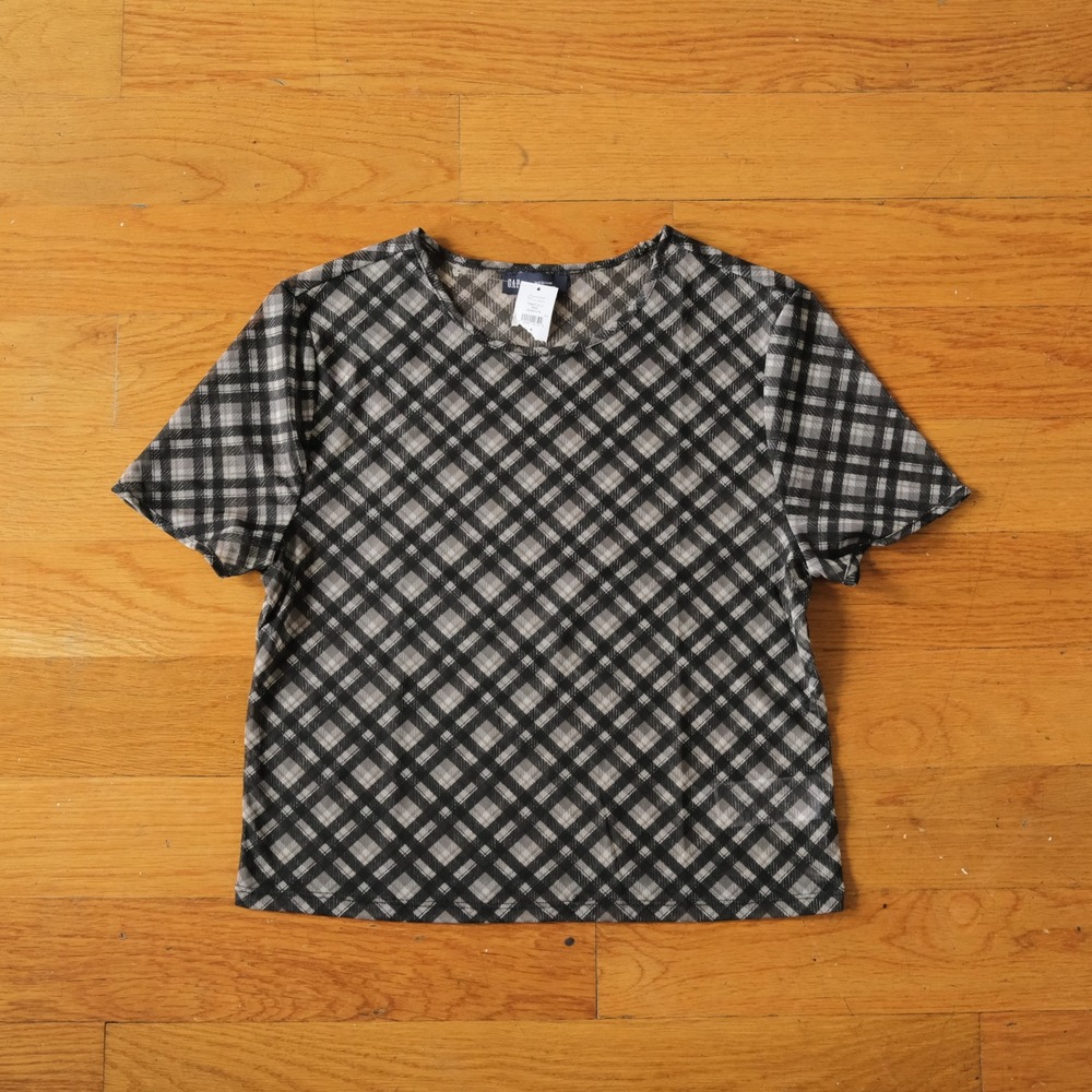 Gap Plaid Mesh Top Womens Black Grey Short Sleeve‎ Grunge Y2K Size M 8077-07-1